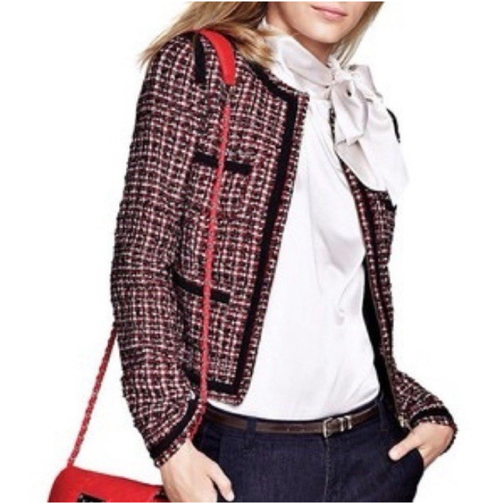MNG Mango Blazer Women Sz 12‎ Red Black Tweed Career Office Academia Pockets EUC